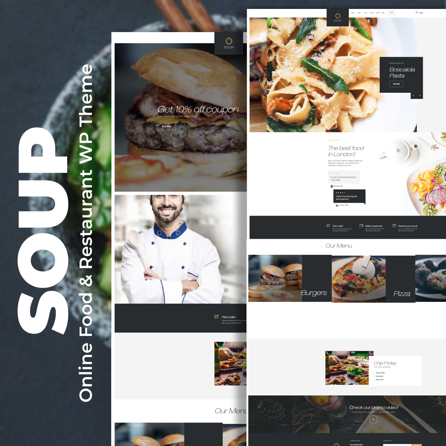 Burgers, pizza and sushi of the Soup - Online Food & Restaurant WP Theme.