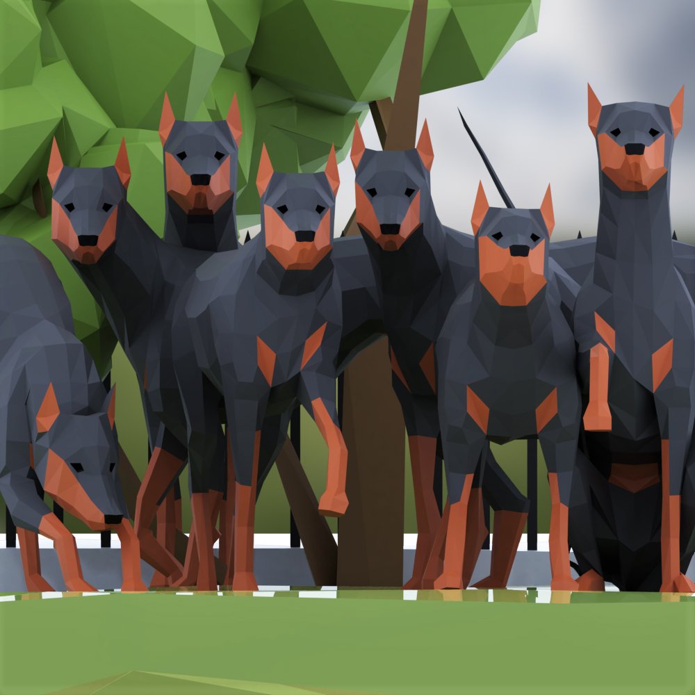 A pack of dogs on the background of trees.