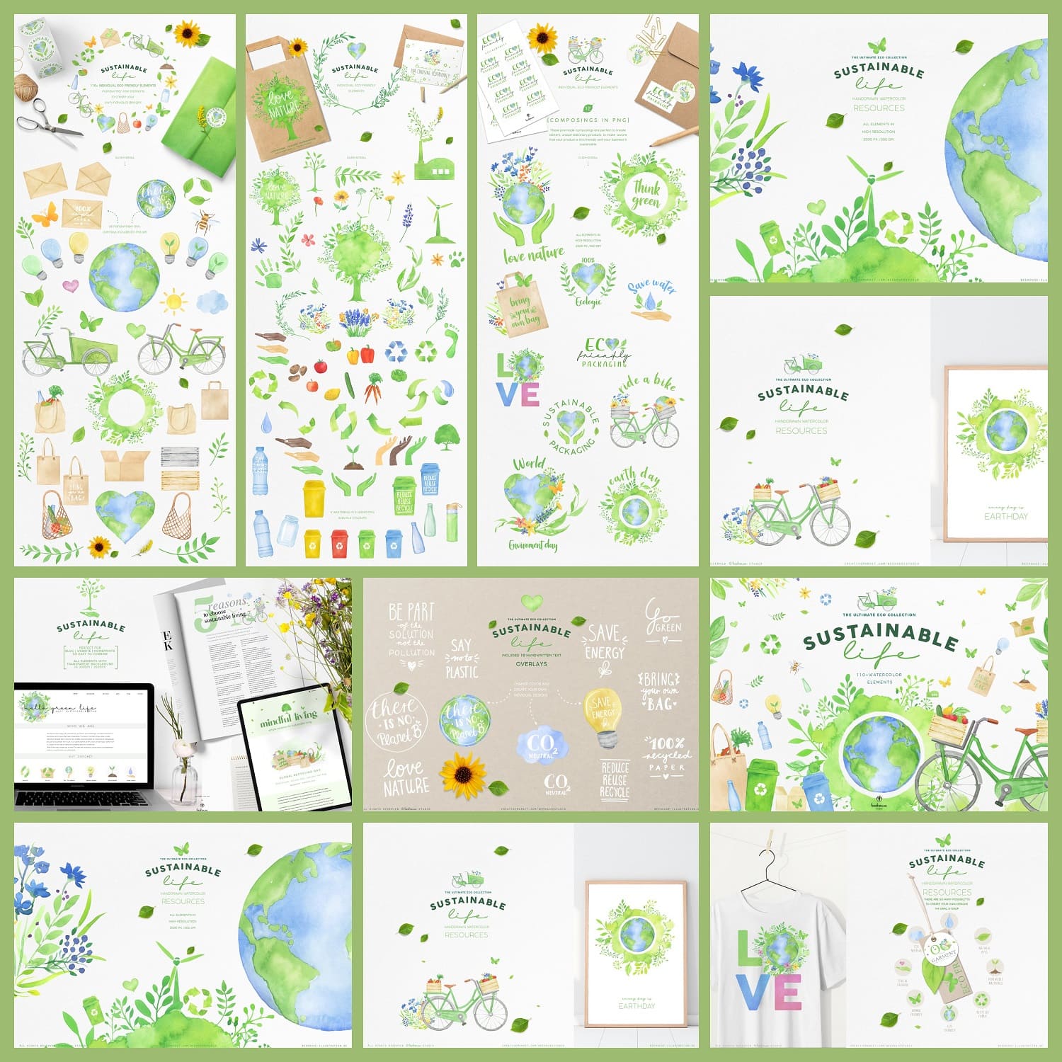 Sustainable Eco Lifestyle Collection handdrawn watercolor resources.