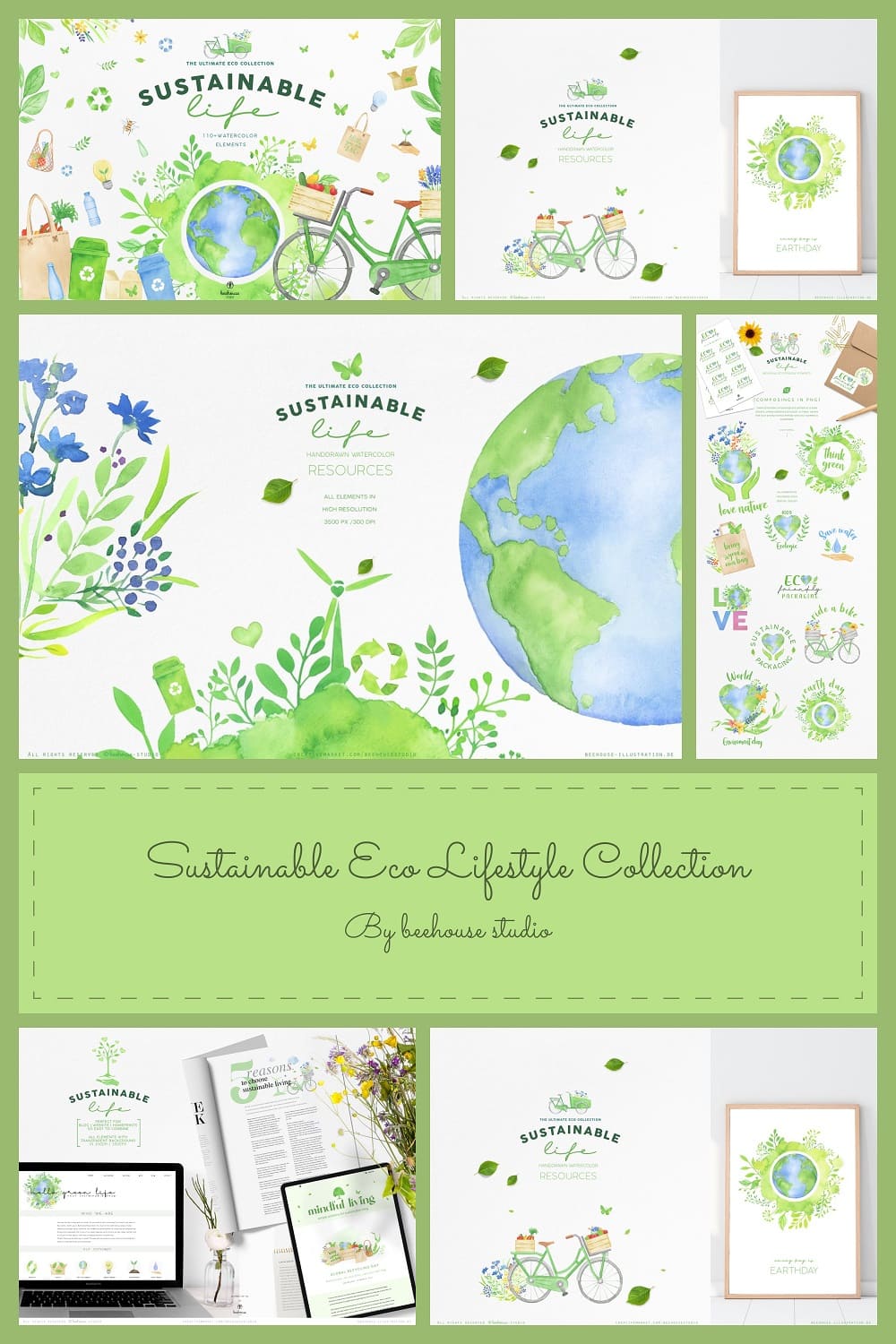 110+ Watercolor elements of Sustainable Eco Lifestyle Collection.