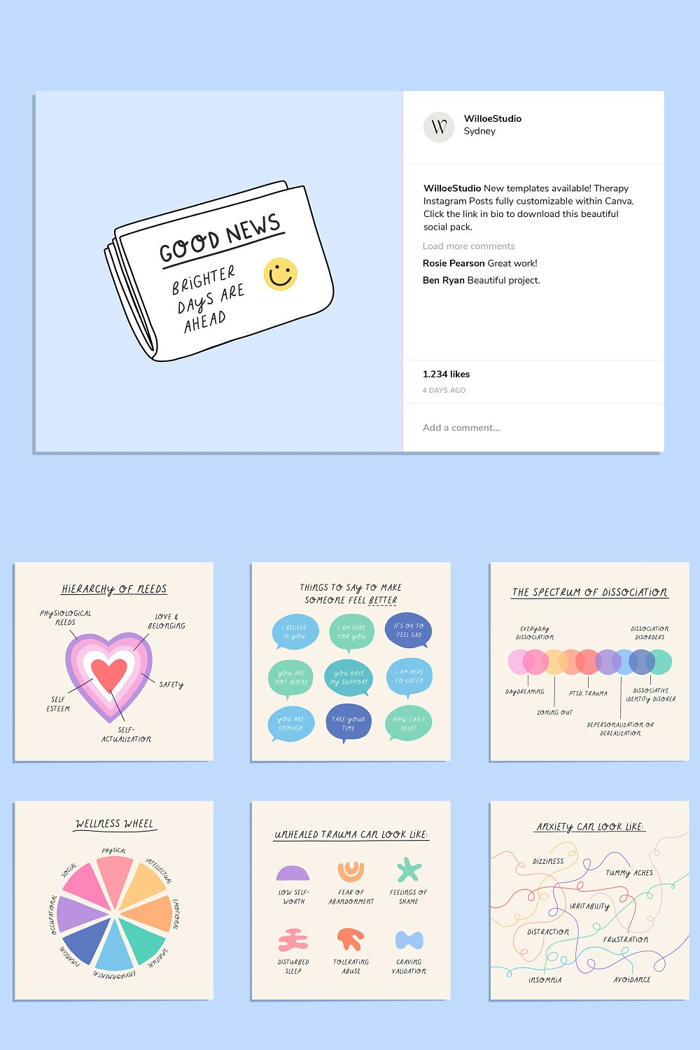 Illustrations therapy social pack canva of pinterest.