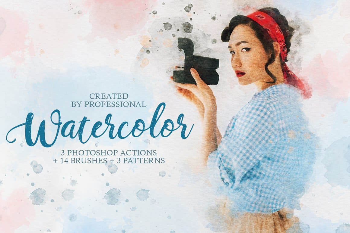 3 Photoshop actions + 14 brushes + 3 patterns created by professional watercolor.