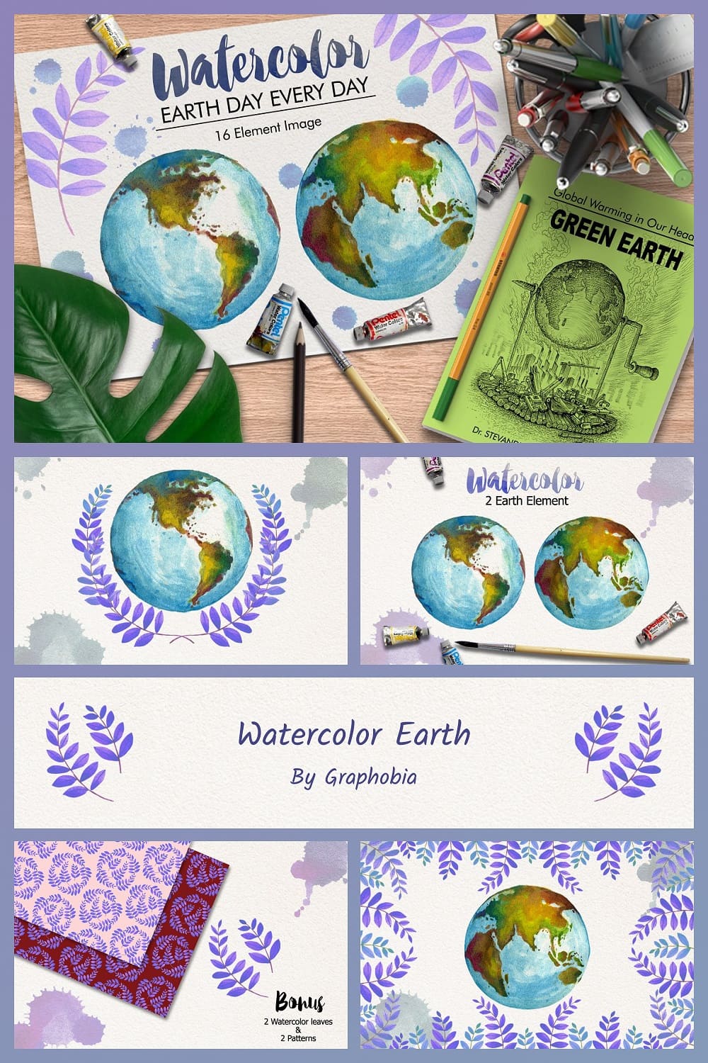 Books, white sheets of paper are decorated with the image of the planet Earth.