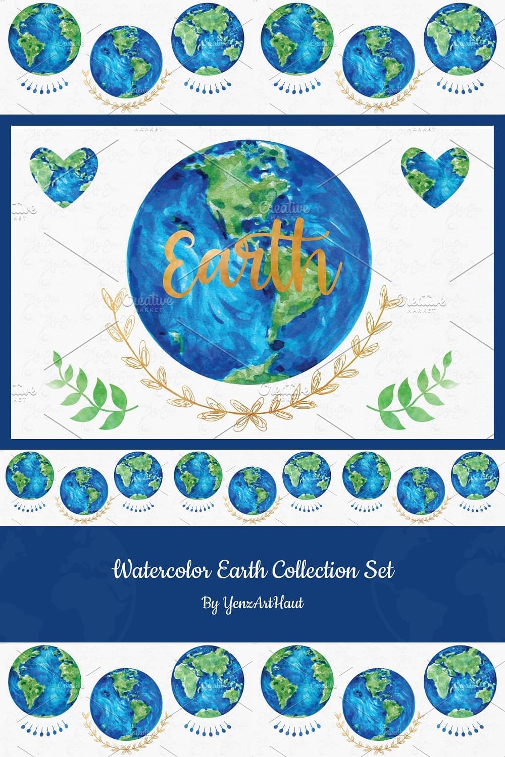 A collection of watercolor planets Earth of various sizes.