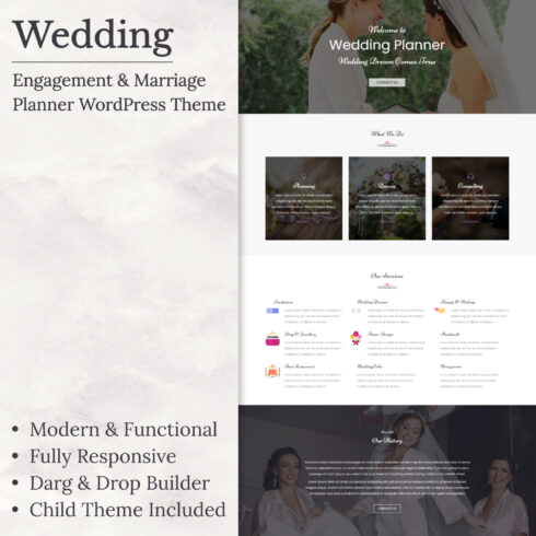 Images preview wedding engagement marriage planner wordpress theme.