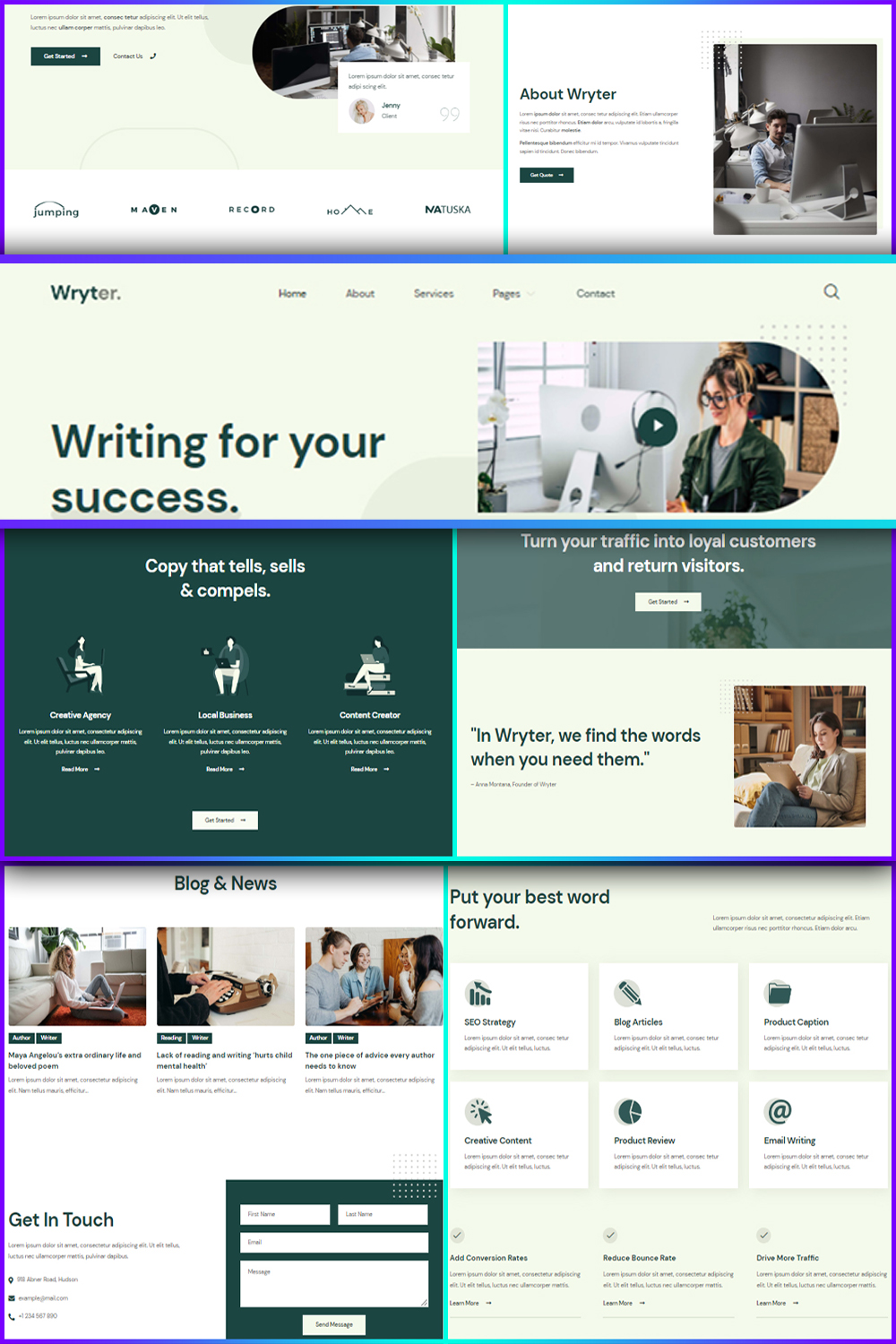 Illustrations wryter content copywriting services elementor template kit of pinterest.