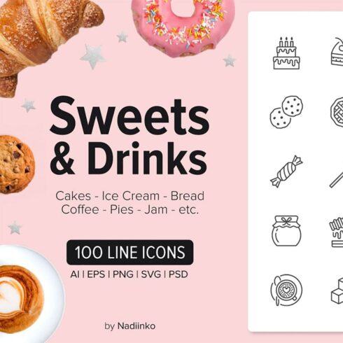 100 sweets drinks icons, main picture.