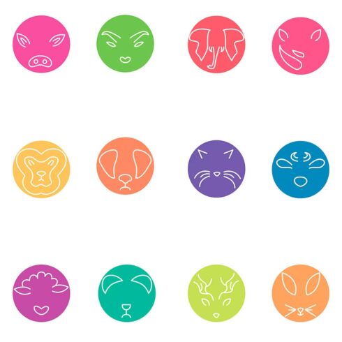 12 minimal rounded animals icons set, main picture.
