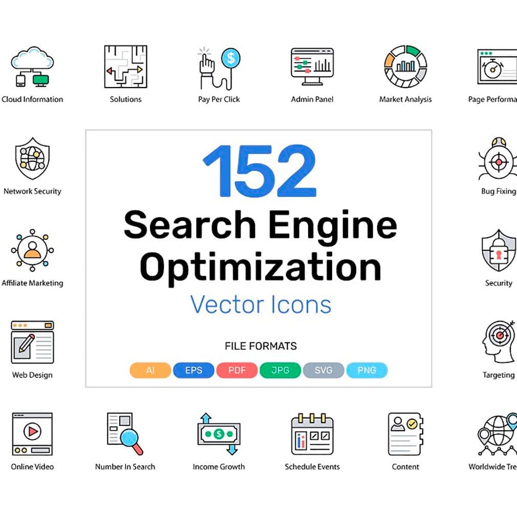 152 search engine optimization icons, main picture.