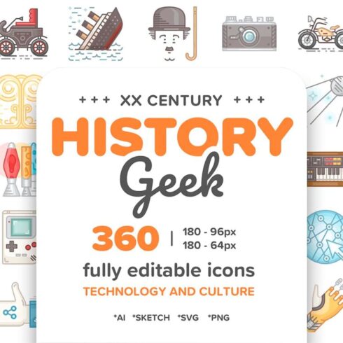 20 century history. color line icons, main picture.