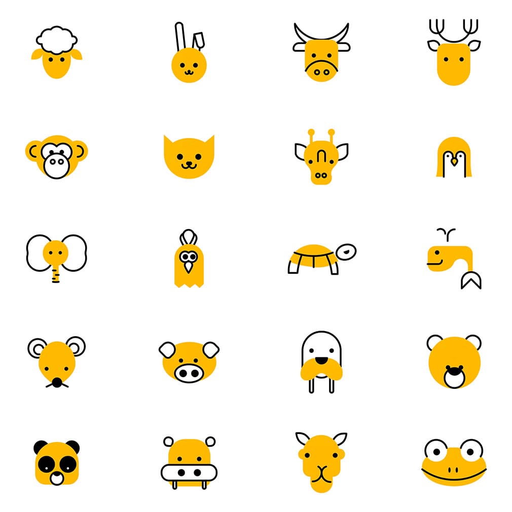 20 cute minimal animal icons set, main picture.