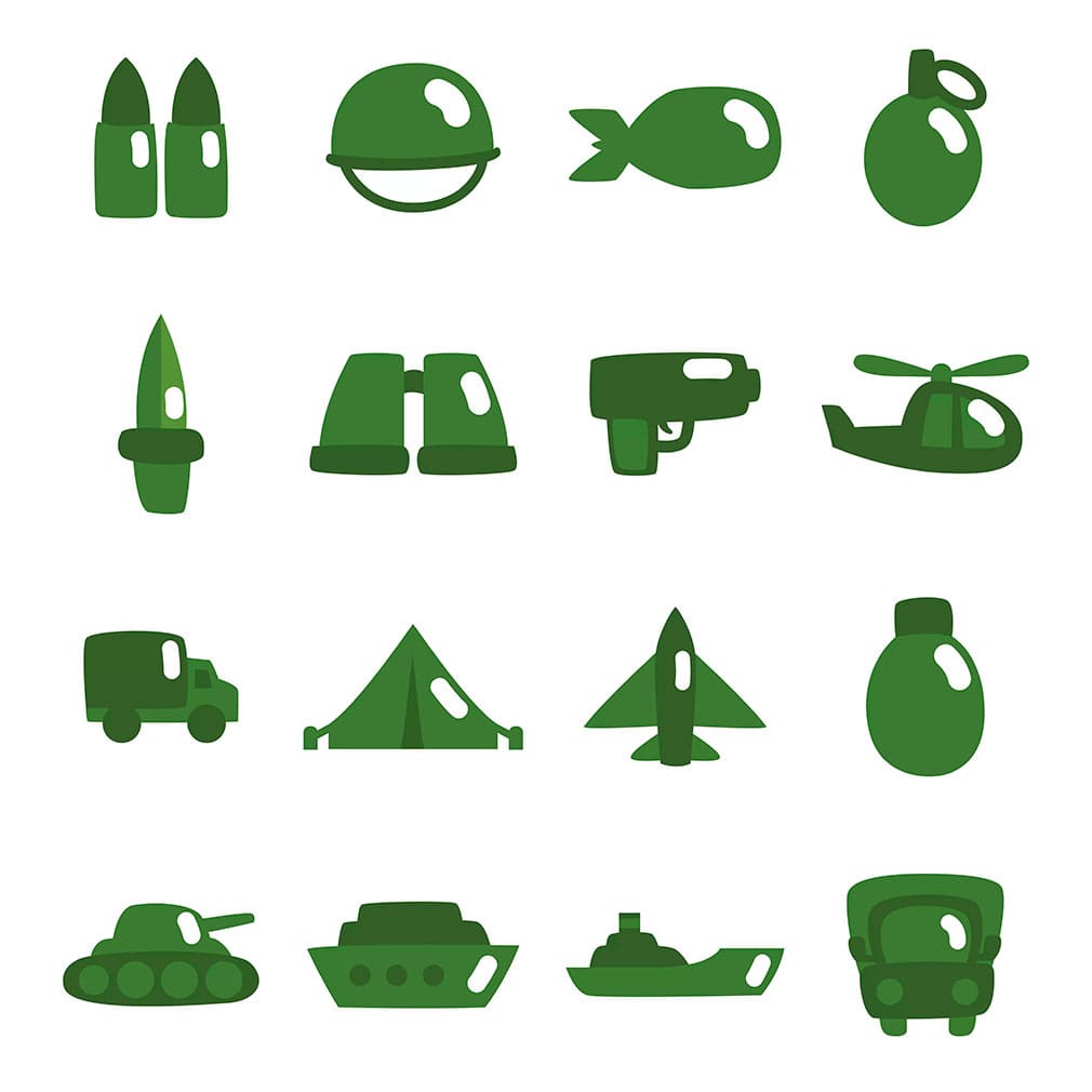 20 green military icons set, main picture.