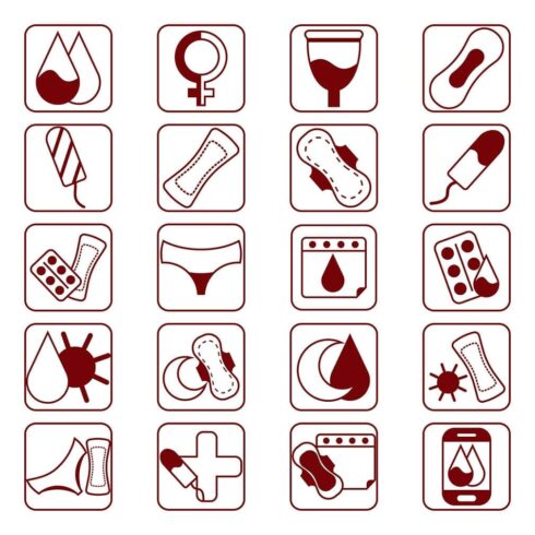 20 menstruation icons set, main picture.