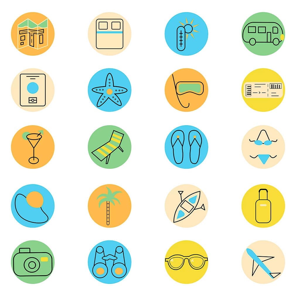 20 rounded vacation icons set, main picture.