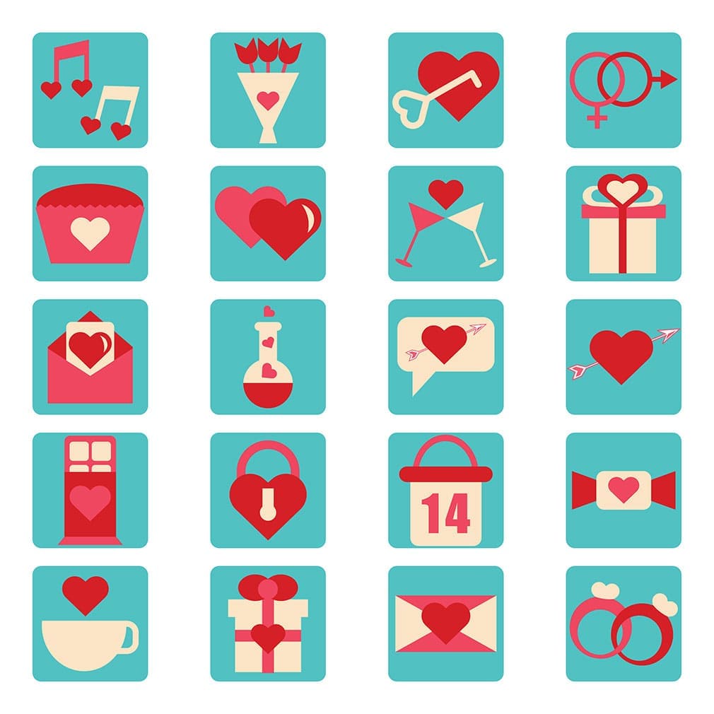 20 valentines day flat icons set, main picture.