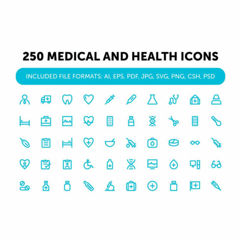 250 medical and health icons, main picture.