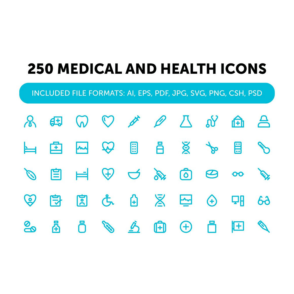 250 medical and health icons, main picture.