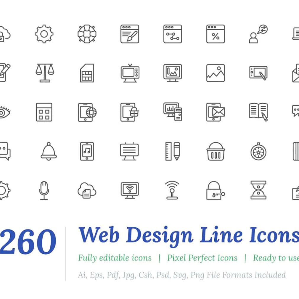 260 web design line icons, main picture.