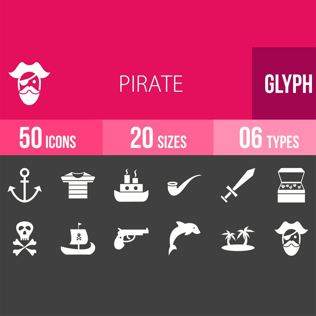 50 pirate glyph inverted icons, main picture.