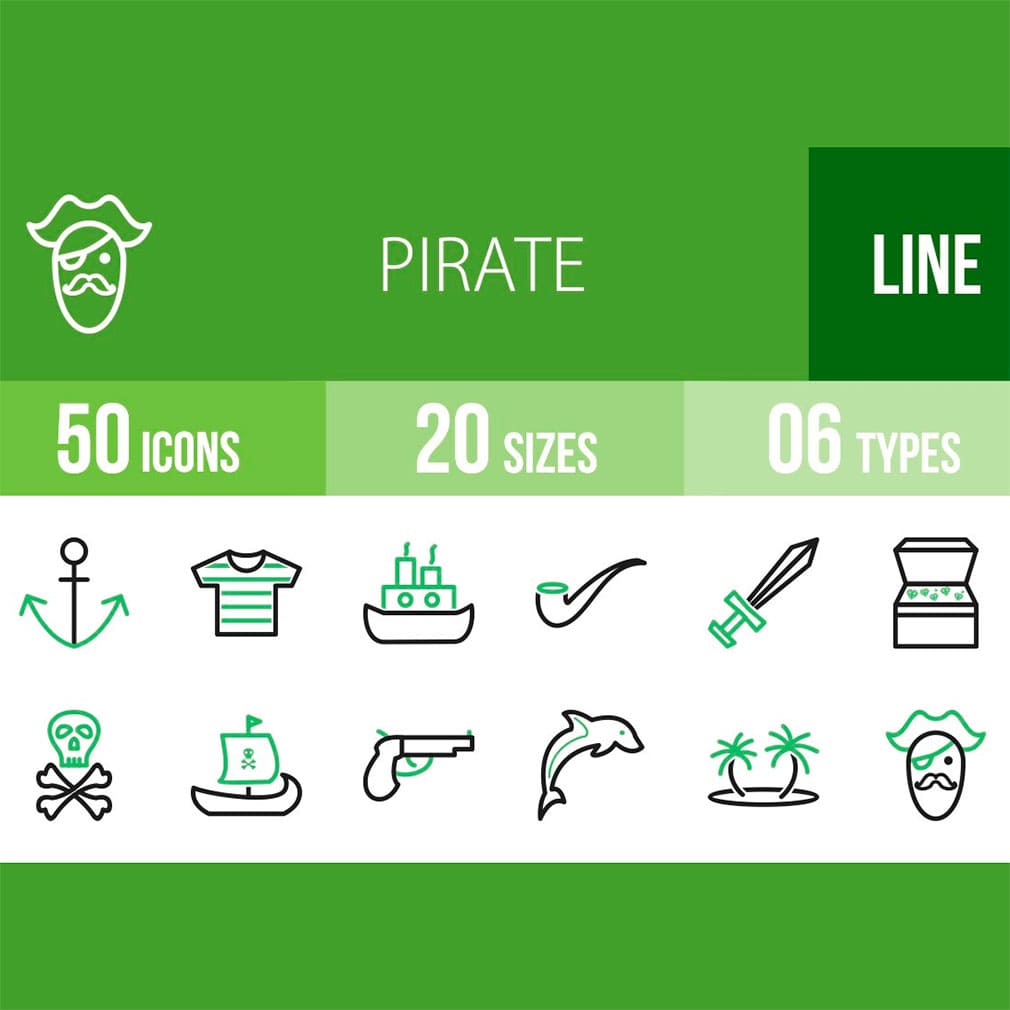 50 pirate line green black icons, main picture.