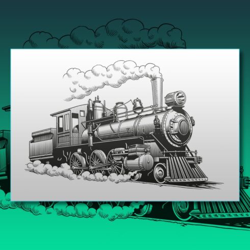 Steam train locomotive engraving, main picture 1500x1500.