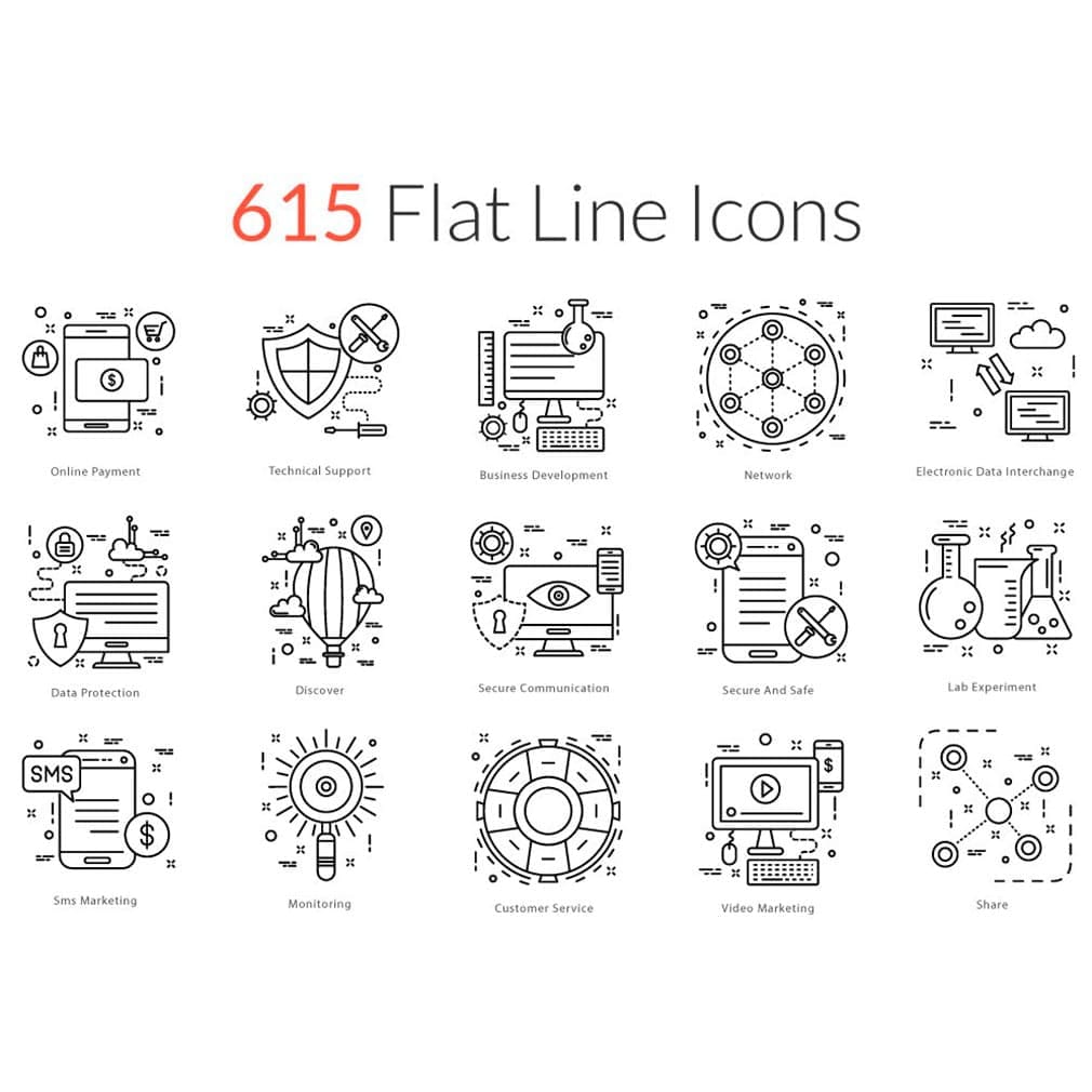 615 flat line icons, main picture.