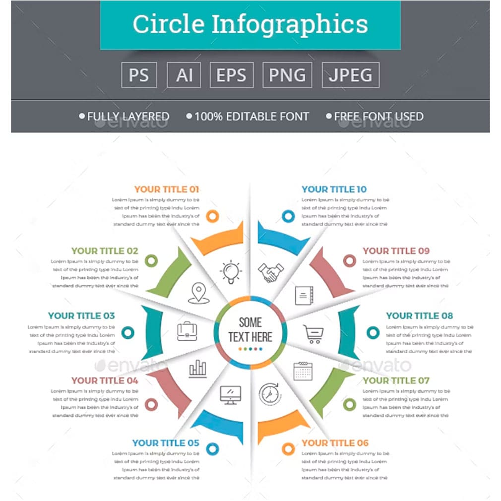 Business circle infographics with 10 steps, main picture.