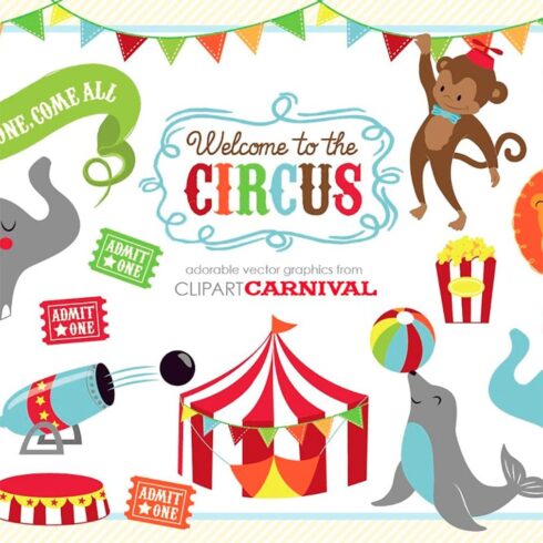 Cute baby circus animals clipart, main picture.