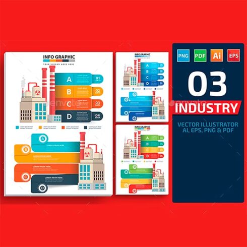 Industry infographic design on red, main picture.