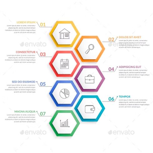 Infographic template with 7 hexagons, main picture.