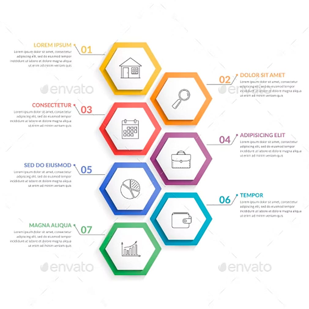 Infographic template with 7 hexagons, main picture.