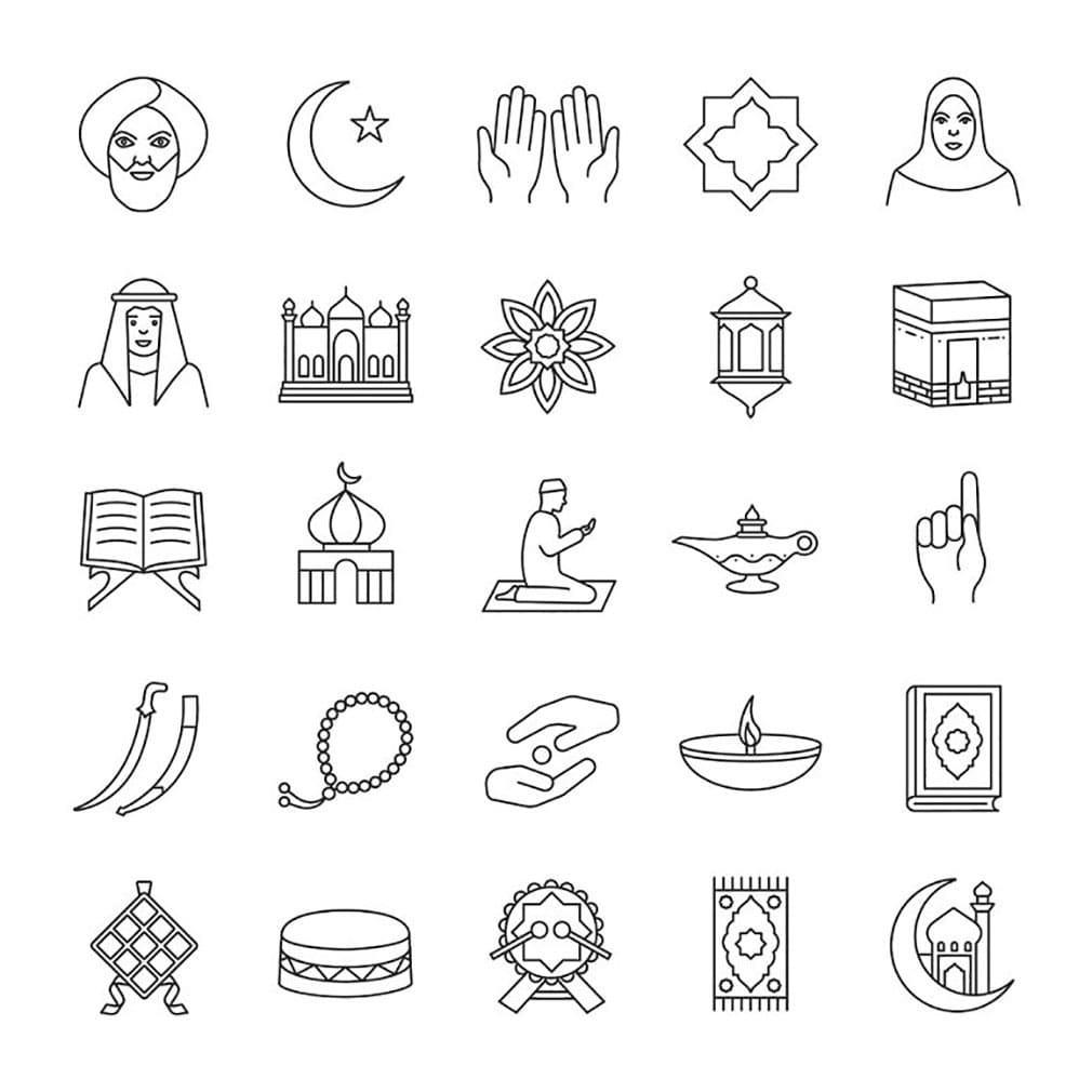 Islamic culture linear icons set, main picture.