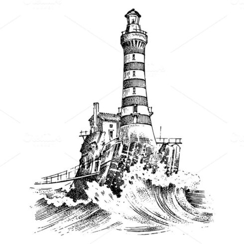 Lighthouse and sea, marine sketch nautical journey and seascape, lighting, main picture.