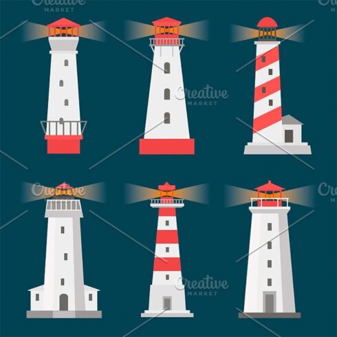Set of cartoon flat lighthouses, main picture.