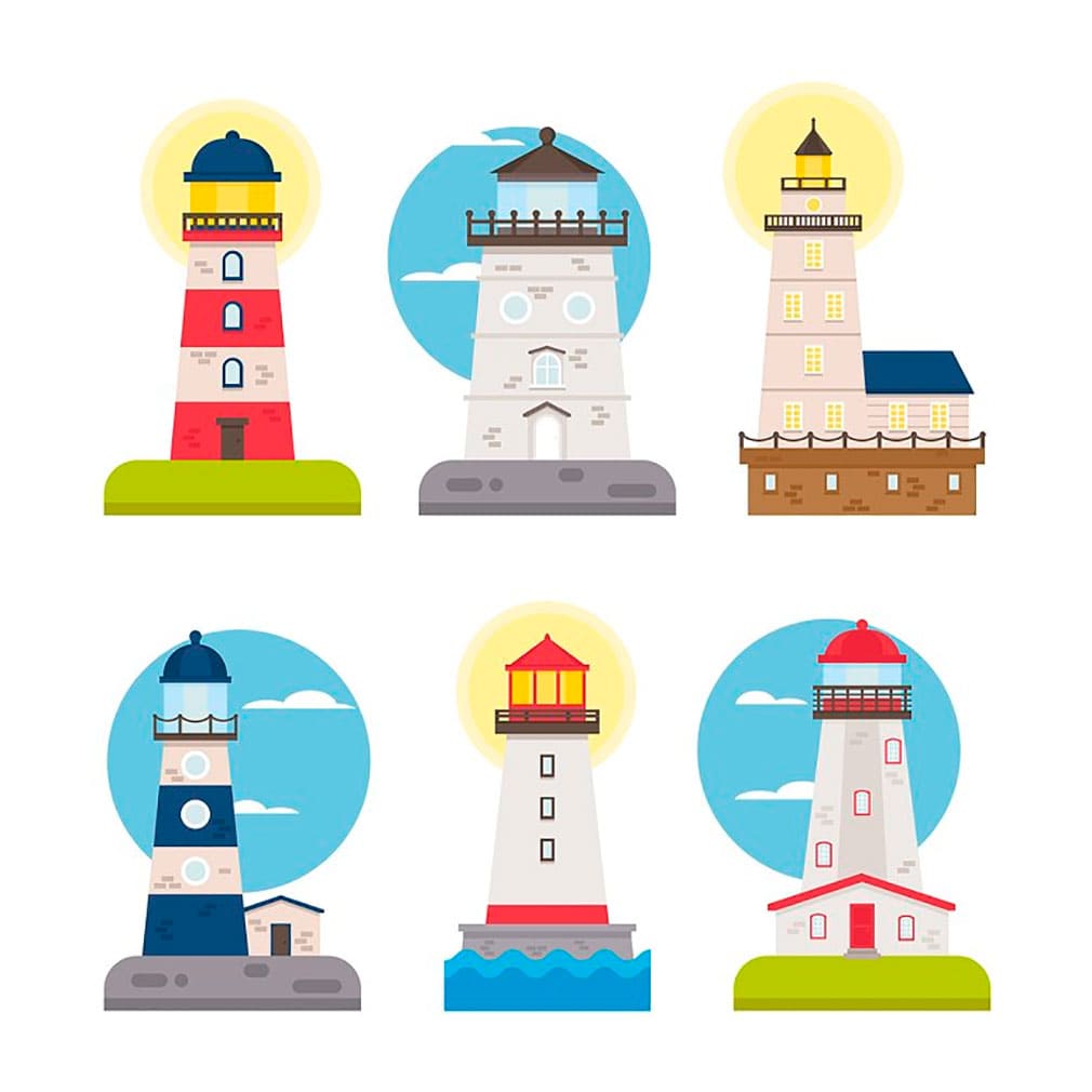 Set of vector flat lighthouses, main picture.