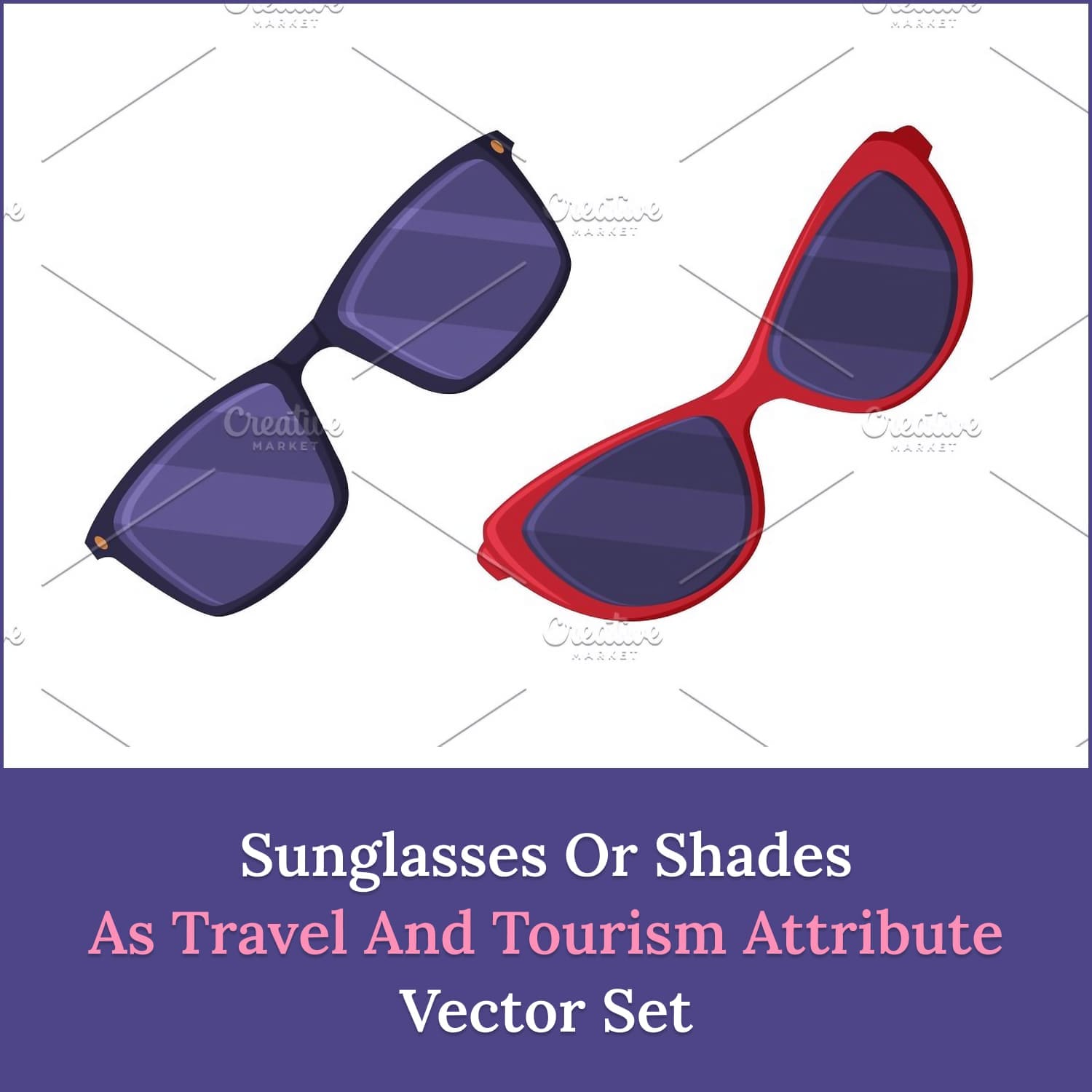 Sunglasses or shades as travel and tourism attribute vector set, main picture.