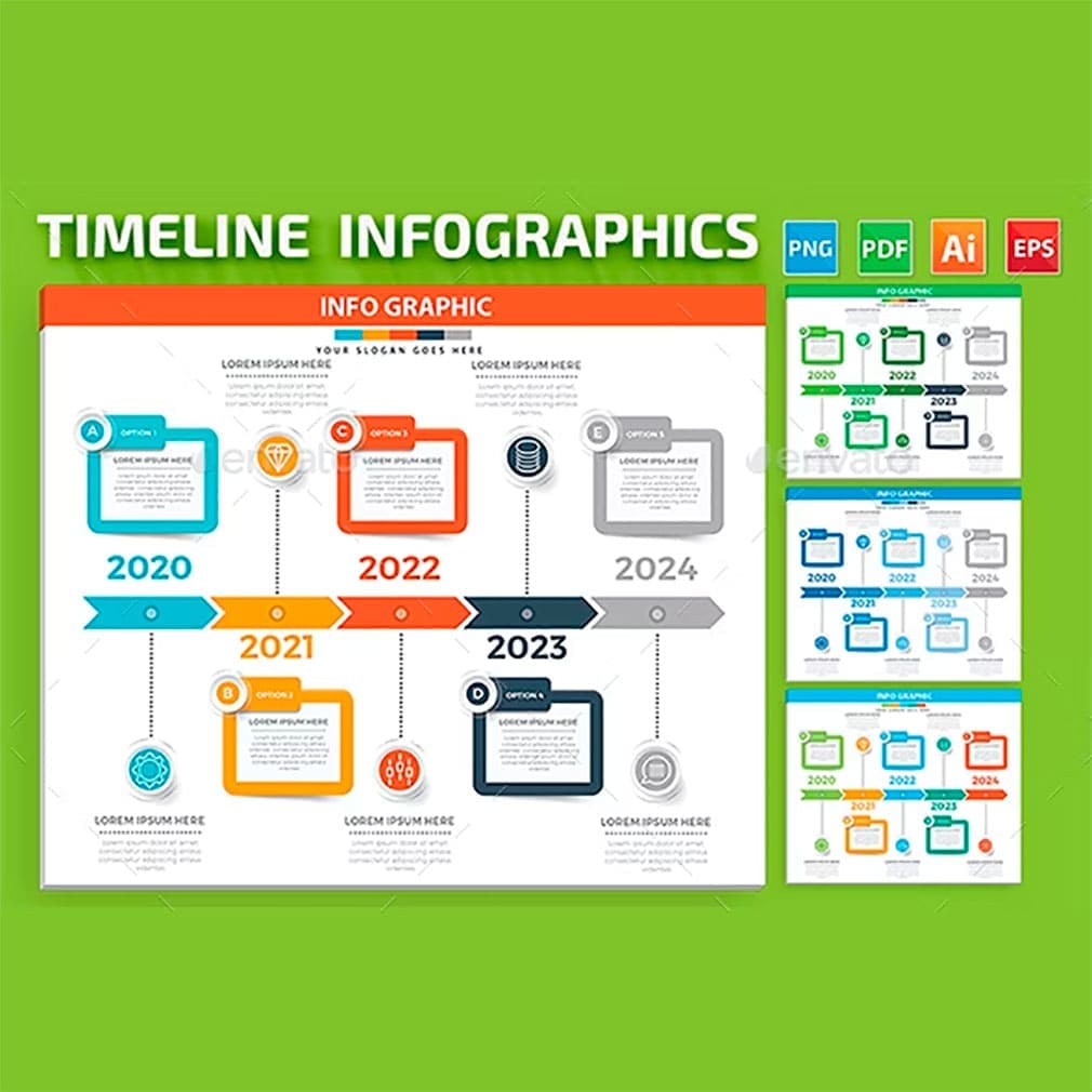 Timeline infographics design on a light green background, main picture.