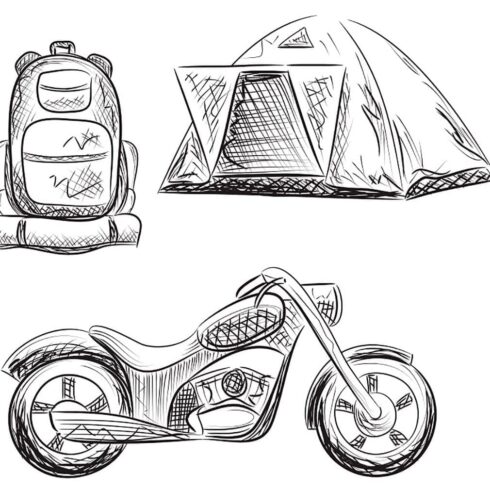 Tourism. backpack tent motorbike, main picture.