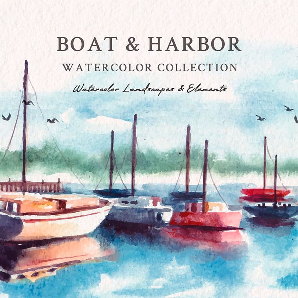 Watercolor boat harbor, main picture.