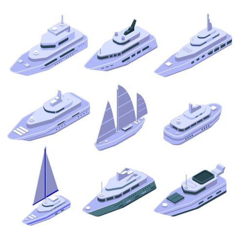 Yacht icons set isometric style, main picture.