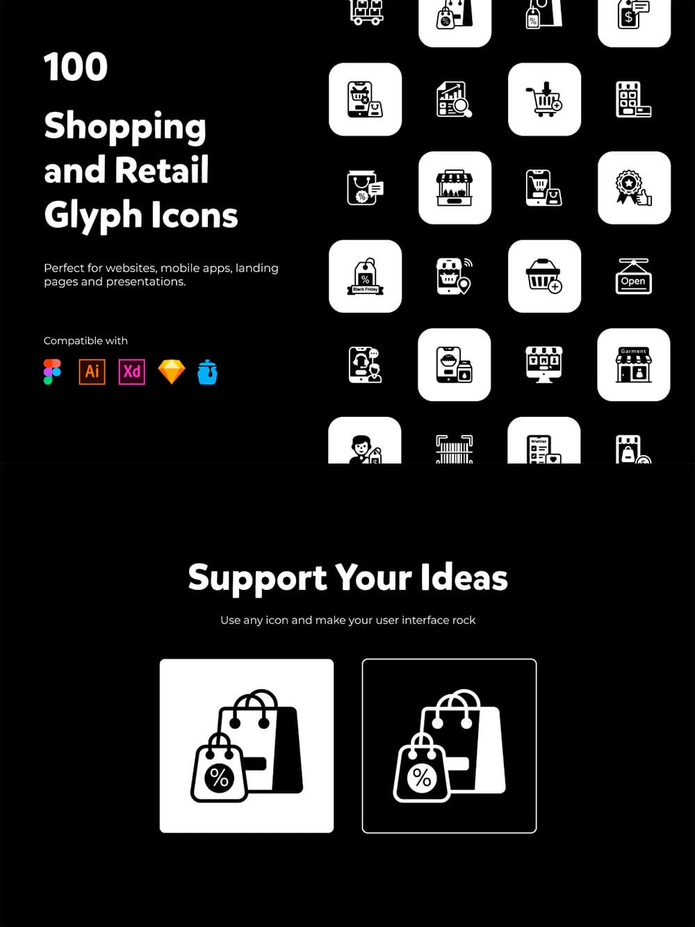 100 shopping and retail icons, picture for pinterest.