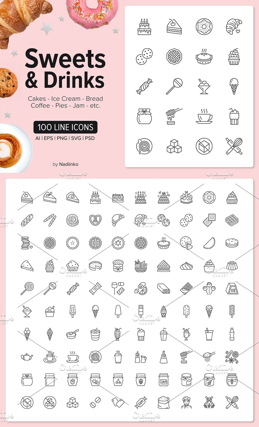 100 sweets drinks icons, picture for pinterest.