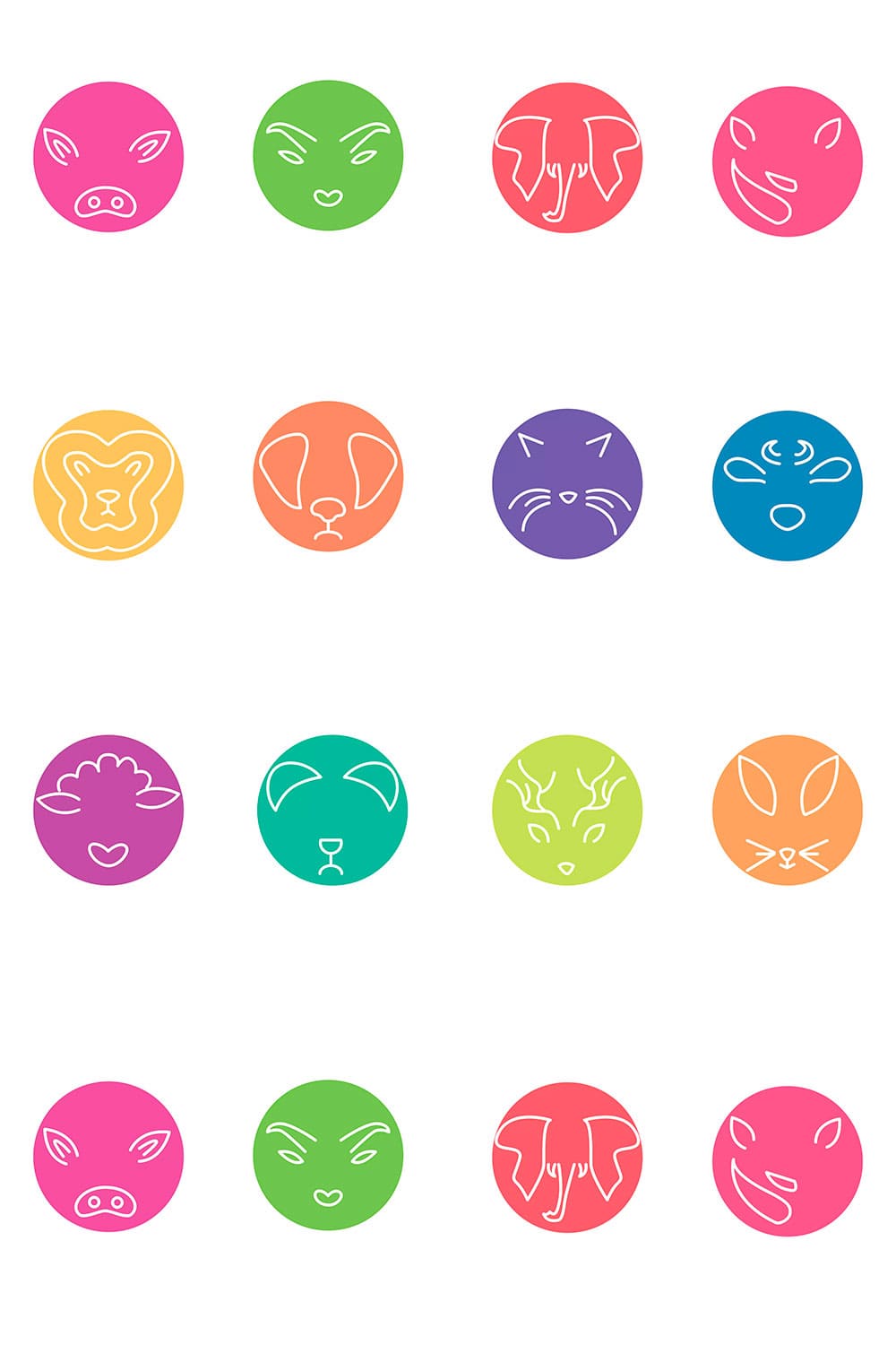 12 minimal rounded animals icons set, picture for pinterest.