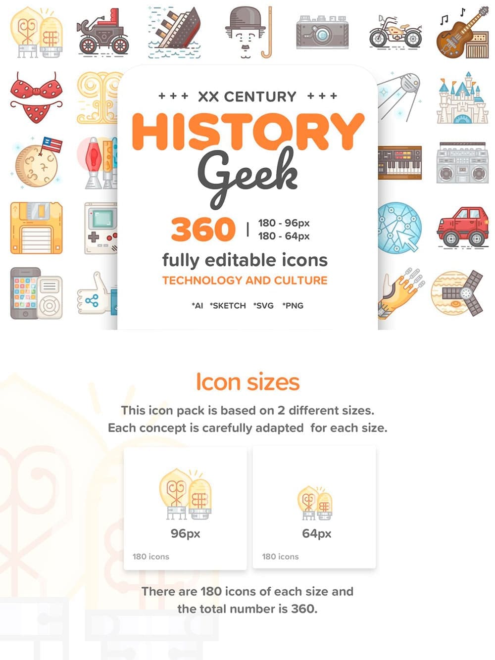 20 century history. color line icons, picture for pinterest.