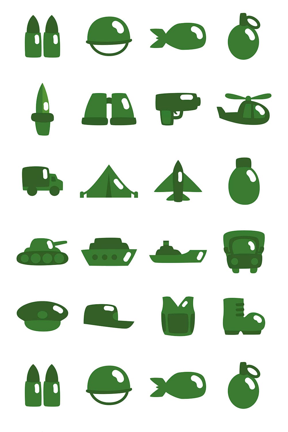 20 green military icons set, picture for pinterest.