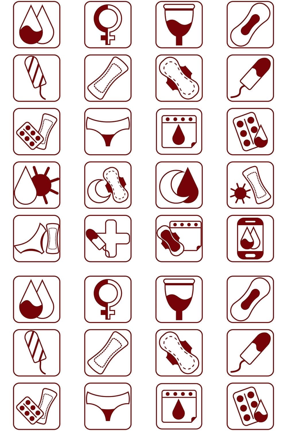 20 menstruation icons set, picture for pinterest.
