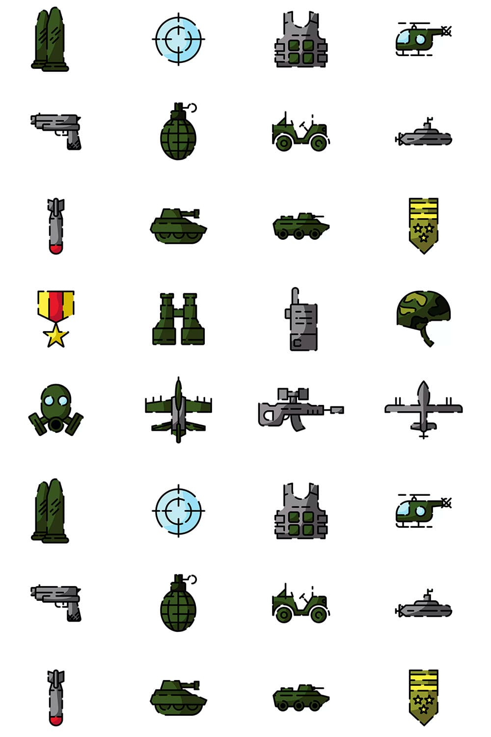 20 military icons set, picture for pinterest.