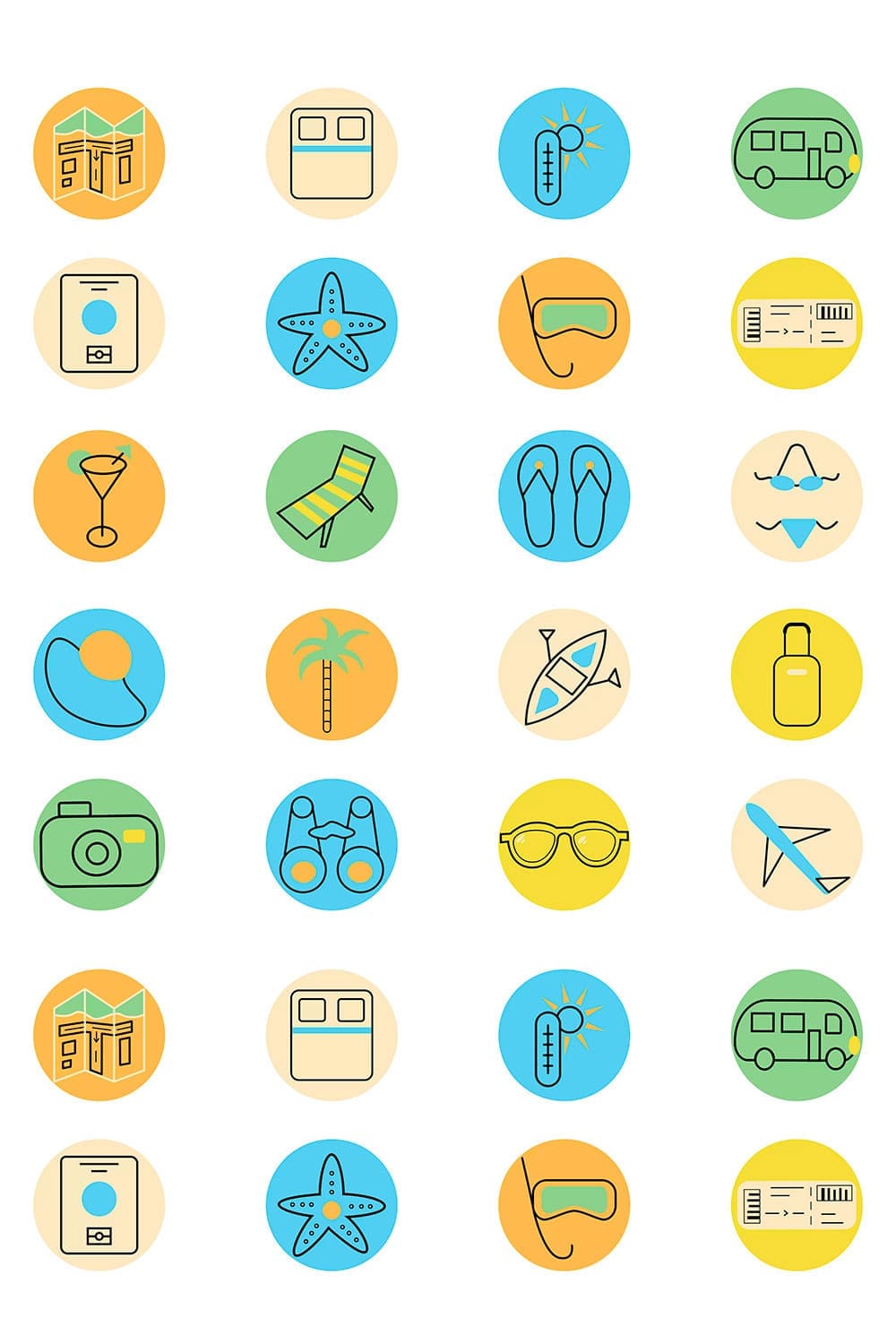 20 rounded vacation icons set, picture for pinterest.