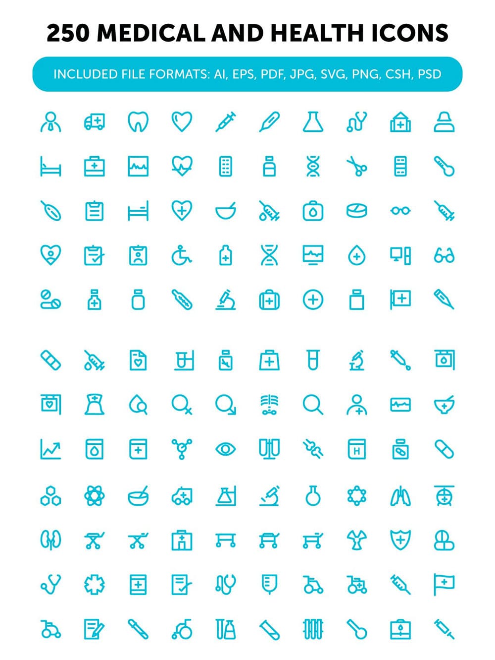 250 medical and health icons, picture for pinterest.