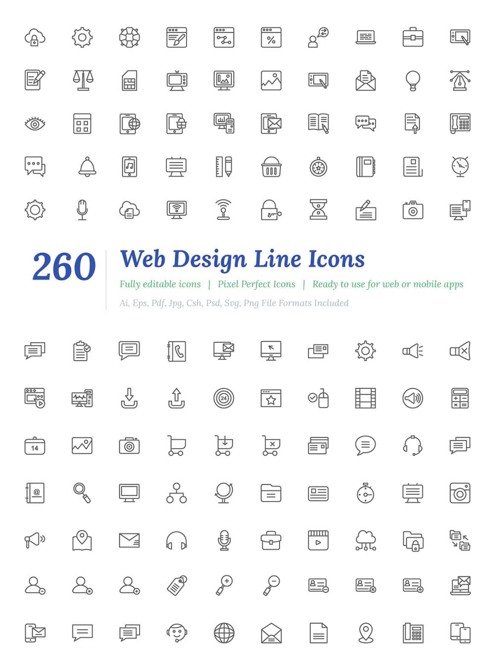 260 web design line icons, picture for pinterest.